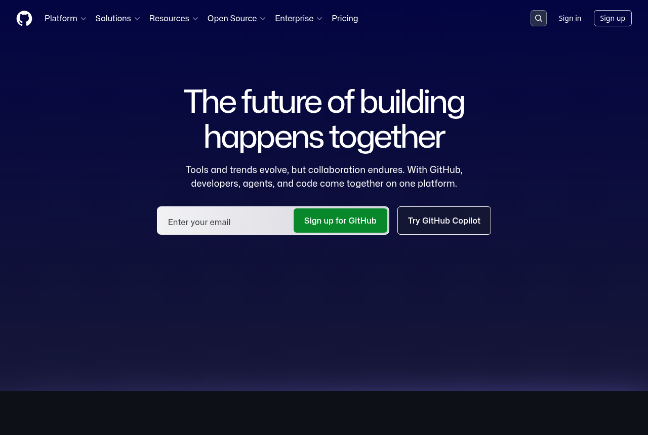 Portada real de github.com: botón Sign up arriba a la derecha y casilla Enter your email con el botón verde Sign up for GitHub