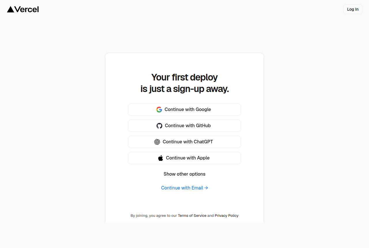 Pantalla real de registro de Vercel con los botones Continue with Google, GitHub, ChatGPT y Apple